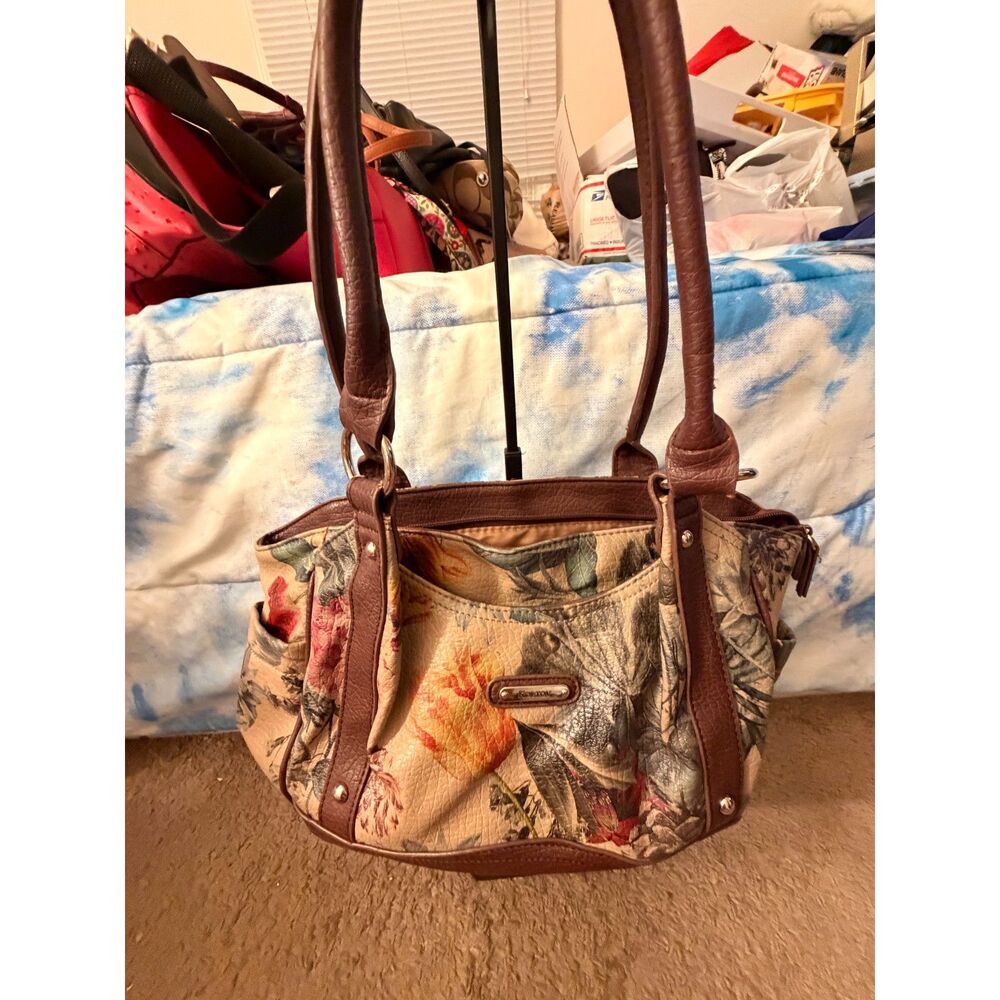 Koltov Collections Olivia Satchel Floral Print Faux Leather Yellow Red Gree